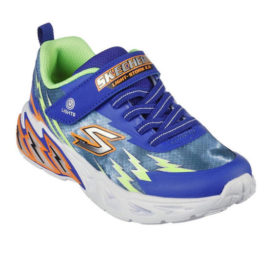 Skechers Youths Light Ups Light Storm 2.0 Blue Lime, a vibrant kids’ sneaker with lights, blue laces, easy Velcro, and sturdy white sole.  ksnz