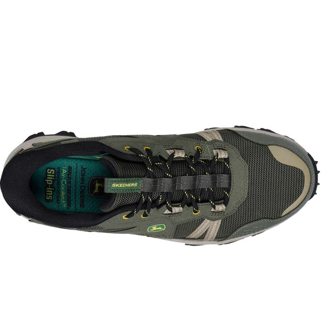 Top view of the Skechers John Deere Equalizer 5.0 Trail Harvester Slip Ins in green, featuring black and gray accents, yellow lace details, Air-Cooled Memory Foam comfort, and “Arch Fit” insole with a rugged textured design., 50552, 197976615144, 19797661