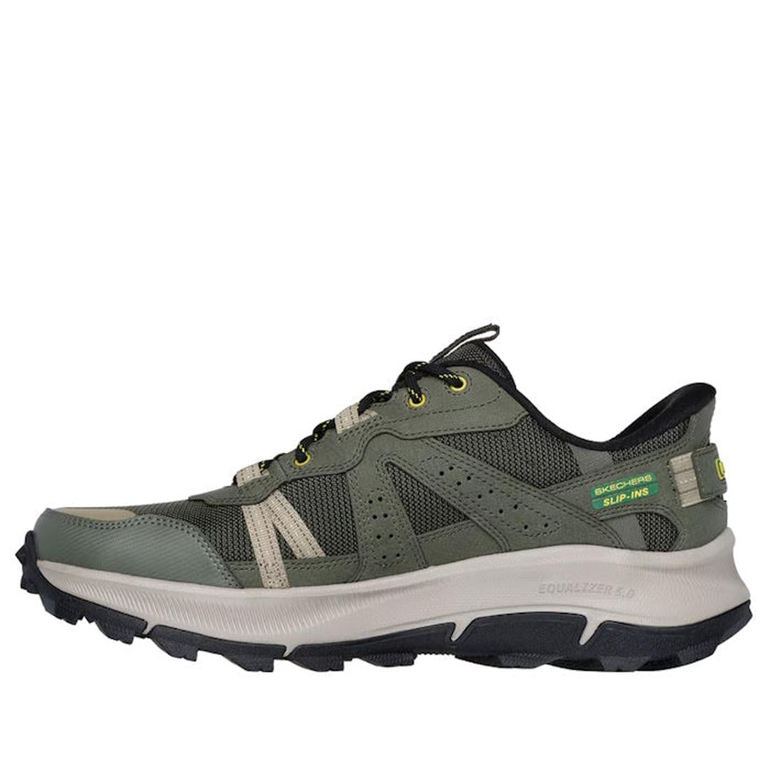 The Skechers John Deere Equalizer 5.0 Trail Harvester Slip Ins Green features a green and black design, chunky white sole, mesh and synthetic overlays, Air-Cooled Memory Foam, Hands Free Slip-ins, trail-inspired details, and rugged outsoles., 50552, 19797