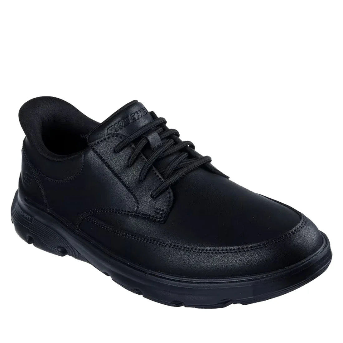 The Mens Skechers Slip-ins Arch Fit Garza Rowan Shoe in black is a leather lace-up dress shoe with a thick rubber sole, inspired by the comfort of Skechers Hands Free Slip-ins and shown at a slight angle on a white background.