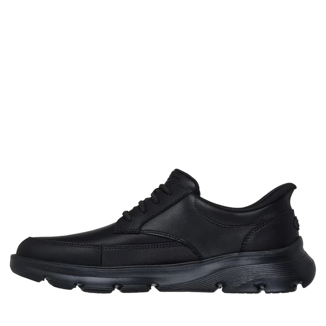 The Mens Skechers Slip-ins Arch Fit Garza Rowan Shoe in black features a smooth leather finish, thick cushioned sole, low ankle design, and lace-up style, shown from the side on a white background., 198739612622, 198739612646, 198739612660, 198739612684