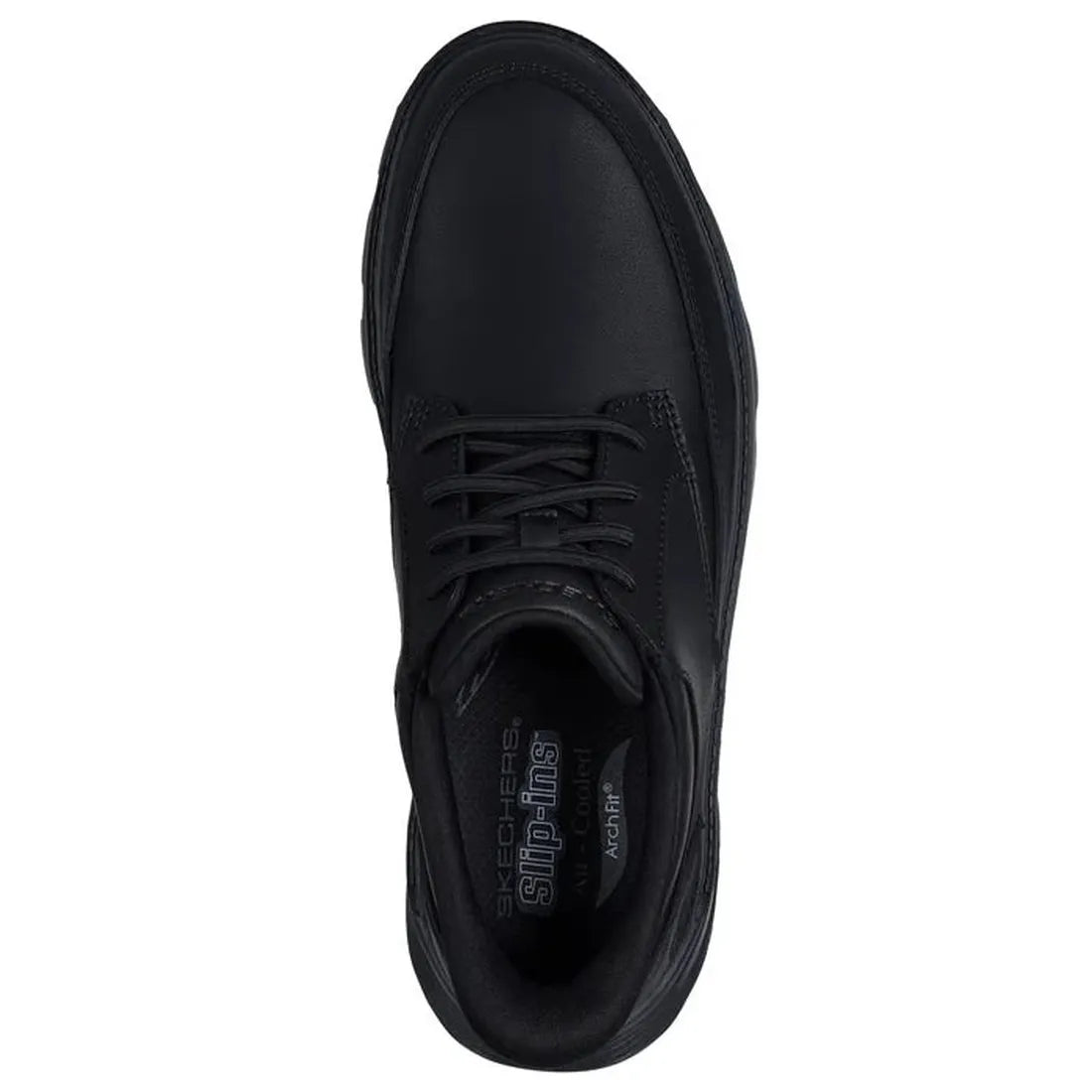 Top view of the Mens Skechers Slip-ins Arch Fit Garza Rowan Shoe Black, a lace-up with a smooth upper, Hands Free Slip-ins design, Arch Fit comfort, and branded insole., 198739612622, 198739612646, 198739612660, 198739612684