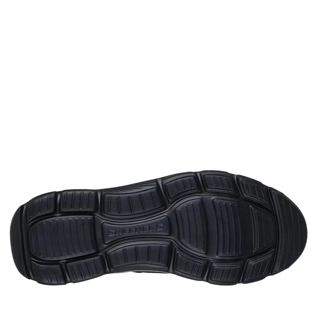 The Mens Skechers Slip-ins Arch Fit Garza Rowan Shoe in black features a rubber sole with a textured segmented tread for grip. "Skechers" is embossed at the center, showcasing the comfort and style of these hands-free slip-ins. White background., 19873961