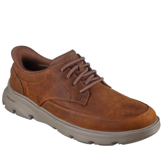 The Mens Skechers Slip-ins Arch Fit Garza Rowan Shoe in chestnut brown features lace-up styling and a thick, light grey rubber sole for comfort and daily wear, shown angled left.