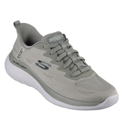 The Skechers Mens Slip-Ins Bounder 2.0 Maylon Trainer features a sage green mesh upper, memory foam cushioned white sole, lace-up front, and Skechers branding for comfort and style in a versatile men's athletic sneaker.