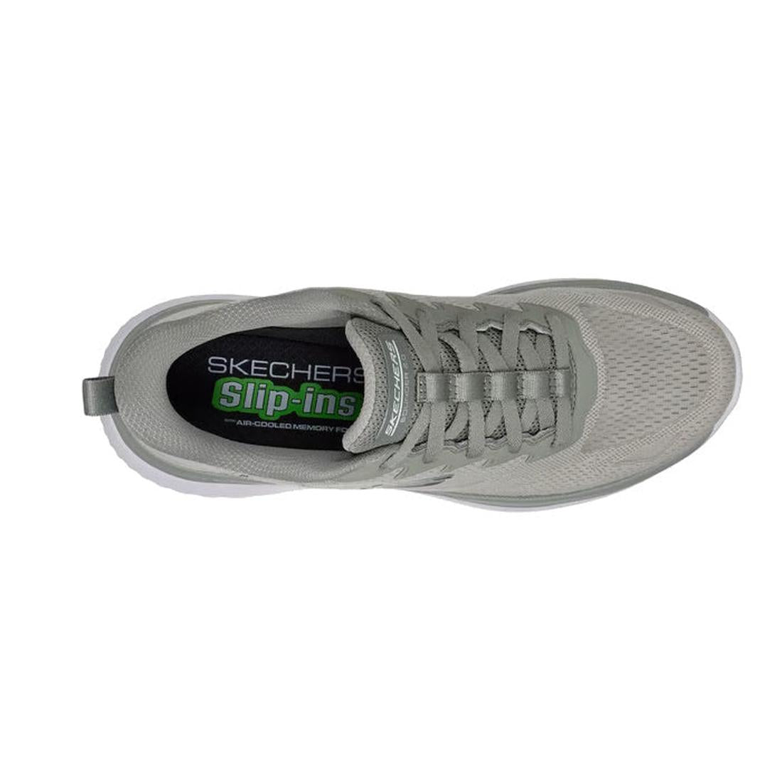 Top view of the Skechers Mens Slip Ins Bounder 2.0 Maylon Trainer in sage green with mesh fabric, laces, and a visible insole featuring Skechers Slip-ins Air-Cooled Memory Foam for extra comfort., 198739007268, 48234, 198739007282, 48236, 198739007305, 48