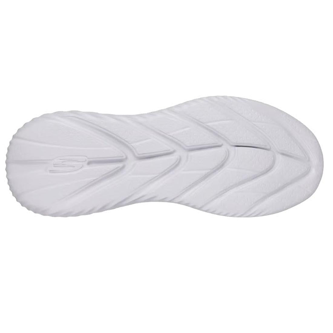 The Skechers Mens Slip Ins Bounder 2.0 Maylon Trainer in sage green features a white athletic sole with a wavy textured tread and raised S logo, shown from the bottom—crafted for comfort with memory foam cushioning., 198739007268, 48234, 198739007282, 482