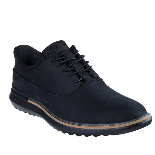 Introducing the Mens Skechers Slip-ins Marc Nason Mako - Hollins Black Shoe: a black casual shoe with a low ankle design, lace-up closure, textured sole, and a sleek thin brown accent along the midsole. It features a Memory Foam Lux comfort insole for all
