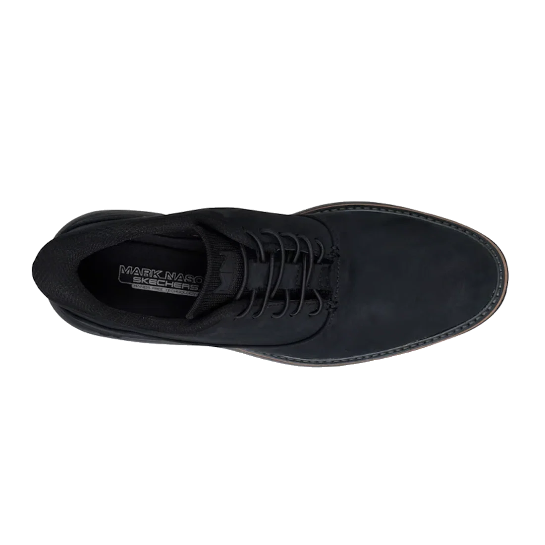 Top view of the Mens Skechers Slip-ins Marc Nason Mako - Hollins Black Shoe, an Oxford-style slip-on with visible stitching around the toe, featuring Mark Nason Skechers branding on the insole and equipped with a Memory Foam Lux comfort insole.