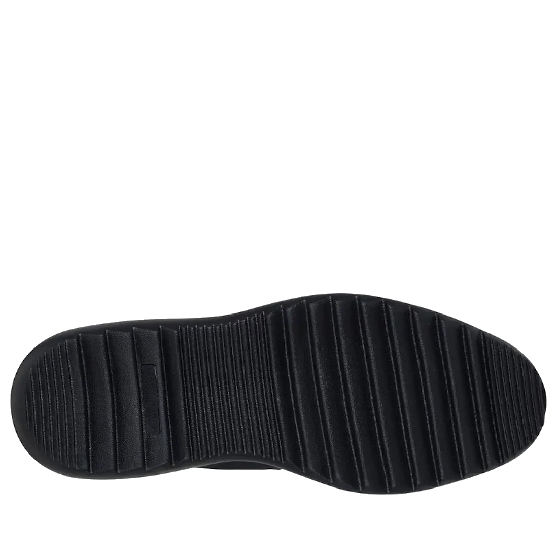 Bottom view of the Mens Skechers Slip-ins Marc Nason Mako - Hollins Black Shoe, showcasing its black sole with horizontal textured ridges across the entire surface against a plain white background—crafted for Oxford-style slip-on shoes and enhanced with a