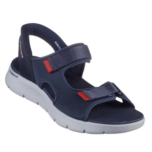 The Skechers Mens Go Walk Flex SD Easy Entry Slip In Sandals Navy feature adjustable Velcro straps, red accents, and a white sole for comfort and casual style—ideal slip in sandals for men.
