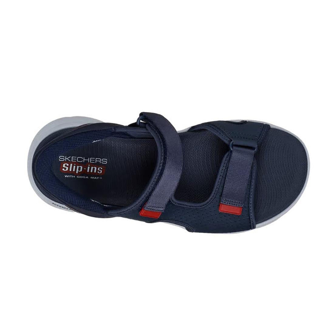 Top view of Skechers Mens Go Walk Flex SD Easy Entry Slip In Sandals in navy, featuring an open toe, front hook-and-loop strap with red accents, and a white sole with a textured footbed for comfort., 48226, 48227, 48228, 198376834012, 198376834029, 48231,