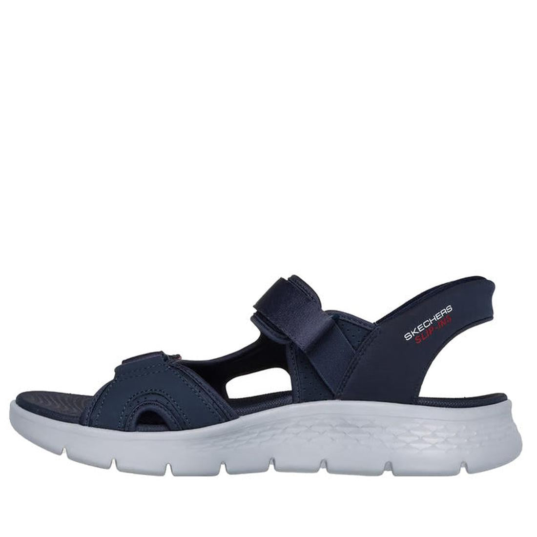 The Skechers Mens Go Walk Flex SD Easy Entry Slip In Sandals in navy feature adjustable straps and a thick, white textured sole, shown in side profile against a white background., 48226, 48227, 48228, 198376834012, 198376834029, 48231, 48232