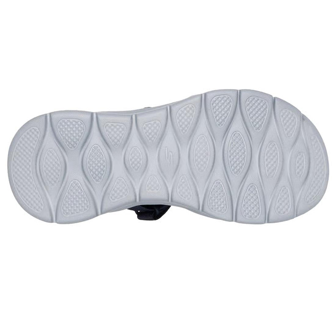 The image shows the bottom view of the Skechers Mens Go Walk Flex SD Easy Entry Slip In Sandals Navy sole, featuring a white rubber surface with wavy, textured oval and diamond patterns for grip and traction., 48226, 48227, 48228, 198376834012, 1983768340