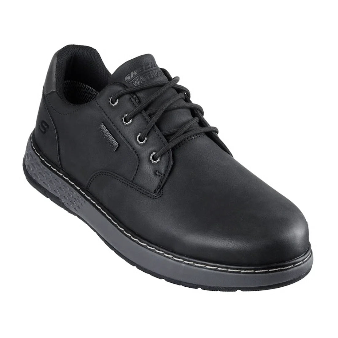 A Skechers Men’s EXTRA Wide Width Garlan Pryor Waterproof Slip-On Trainer in black, featuring a padded collar and thick rubber sole with visible stitching, is displayed at an angle against a white background.