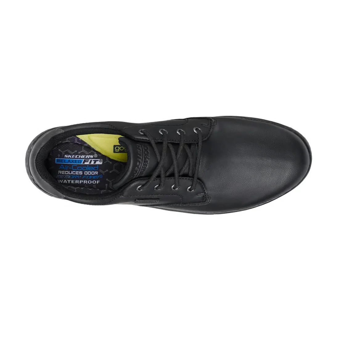 Top view of the Skechers Men’s EXTRA Wide Width Garlan Pryor Waterproof Slip-On Trainer in black, featuring a label inside that highlights its waterproof vegan leather, air-cooled memory foam insole, and odor reduction benefits., 53093, 53094, 19873993304