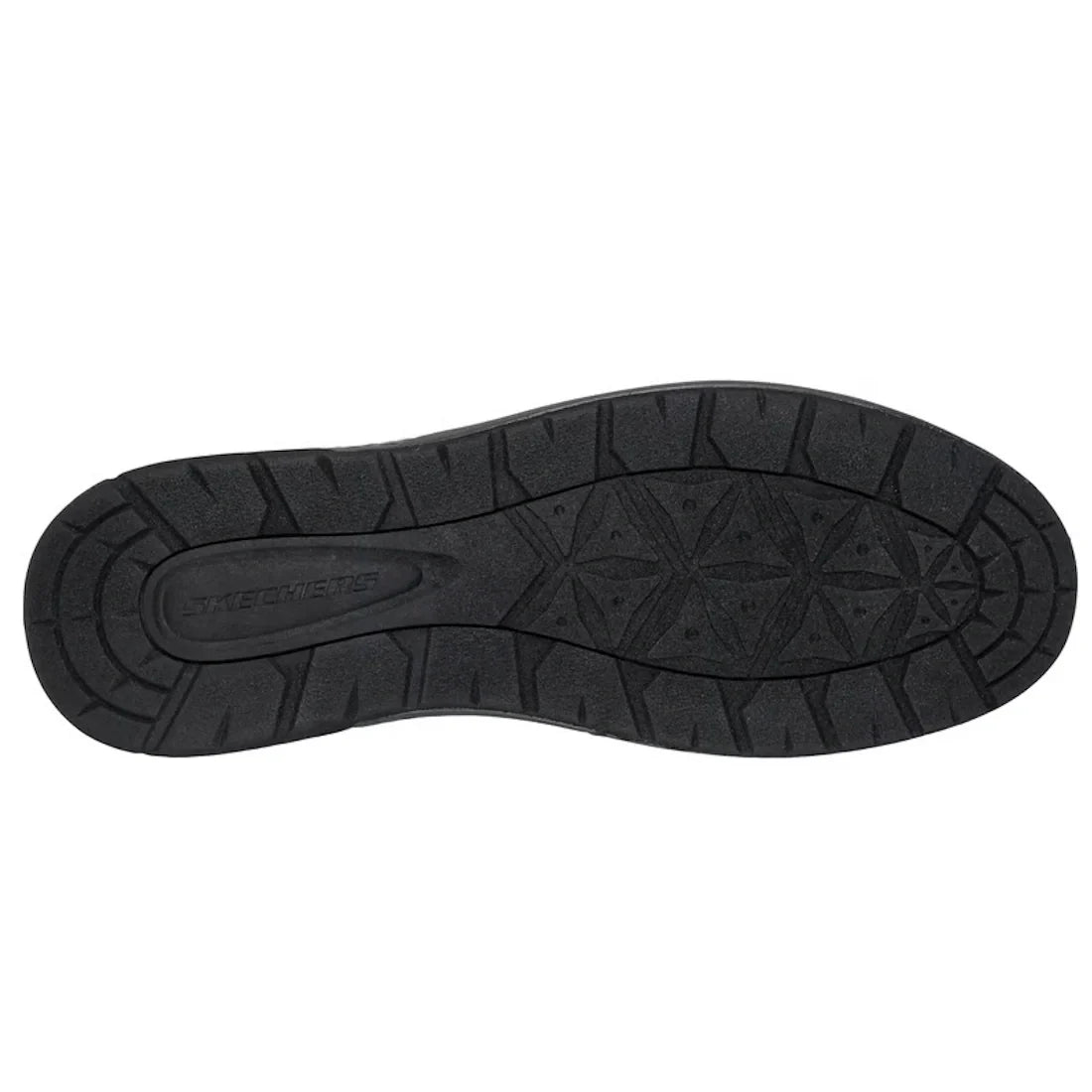The image shows the black rubber sole of the Skechers Mens EXTRA Wide Width Garlan Pryor Waterproof Slip on Trainer, featuring a textured grip pattern and the word “Skechers” embossed in the center near the heel. This style is designed with an extra wide 