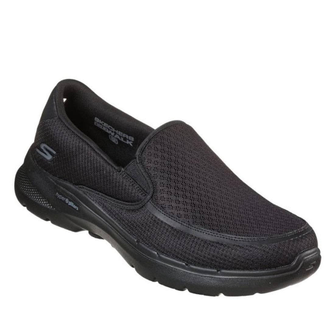 Skechers Men’s GOwalk 6 Slip-On Ovra in black, an easy-on sneaker with cushioned sole, airy mesh, and comfy fit for daily outings.  ksnz