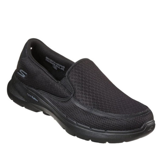 Skechers Men’s GOwalk 6 Slip-On Ovra in black, an easy-on sneaker with cushioned sole, airy mesh, and comfy fit for daily outings.  ksnz