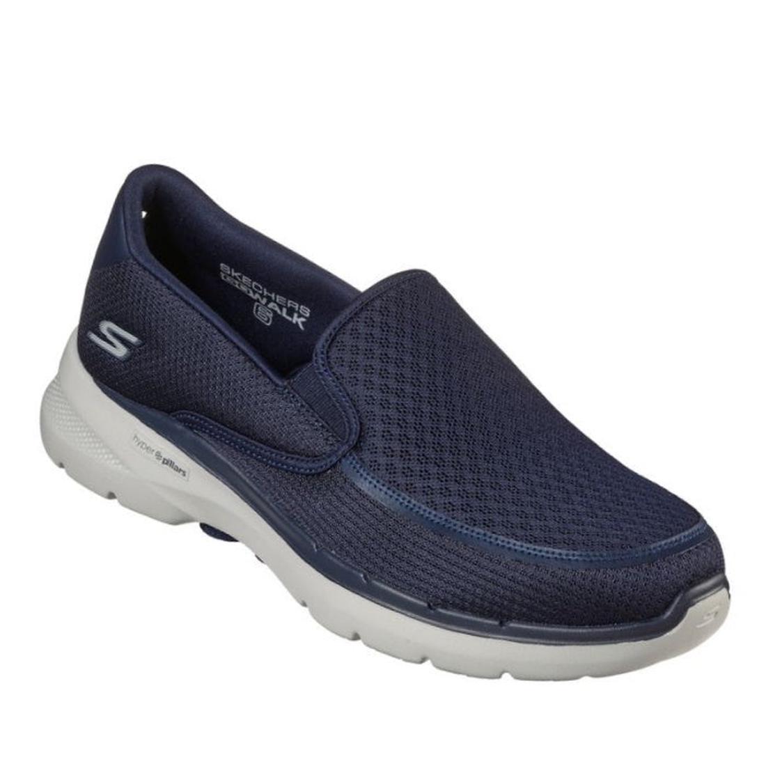 Skechers Men's Go Walk 6 Slip On Ovra Navy—navy mesh sneakers with easy slip-on style, cushioned insole, and sturdy white sole.  ksnz