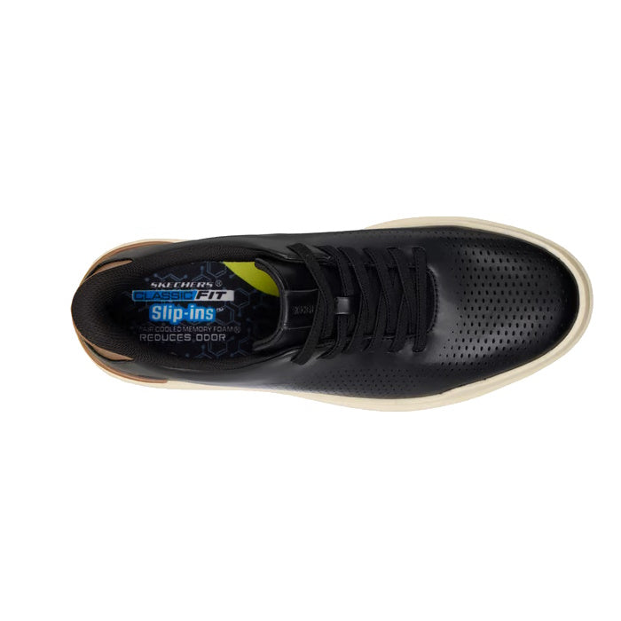 Top view of the Mens Skechers Slip-ins Owen - Connell Black sneaker with white soles, perforated toe, black laces, no-tie slip-on design, Air-Cooled Memory Foam insole, and blue and yellow accents., 198739701234, 198739701258, 198739701272, 50159, 50160