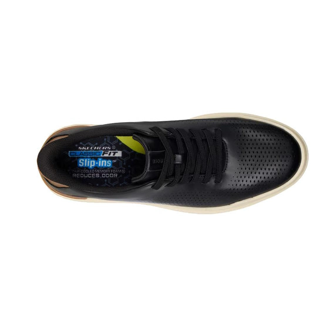 Top view of the Mens Skechers Slip-ins Owen - Connell Black sneaker with white soles, perforated toe, black laces, no-tie slip-on design, Air-Cooled Memory Foam insole, and blue and yellow accents., 198739701234, 198739701258, 198739701272, 50159, 50160