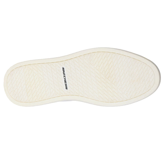 The image shows the white rubber sole of the Mens Skechers Slip-ins Owen - Connell Black, featuring a textured diagonal line pattern and the black Skechers logo at the center.