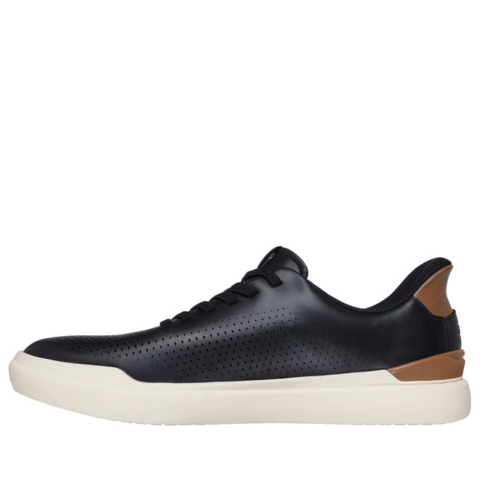 The Mens Skechers Slip-ins Owen - Connell Black is a black low-top sneaker with perforated sides, black laces, a white rubber sole, Air-Cooled Memory Foam comfort, and a brown heel accent, shown in side profile on a white background., 198739701234, 198739