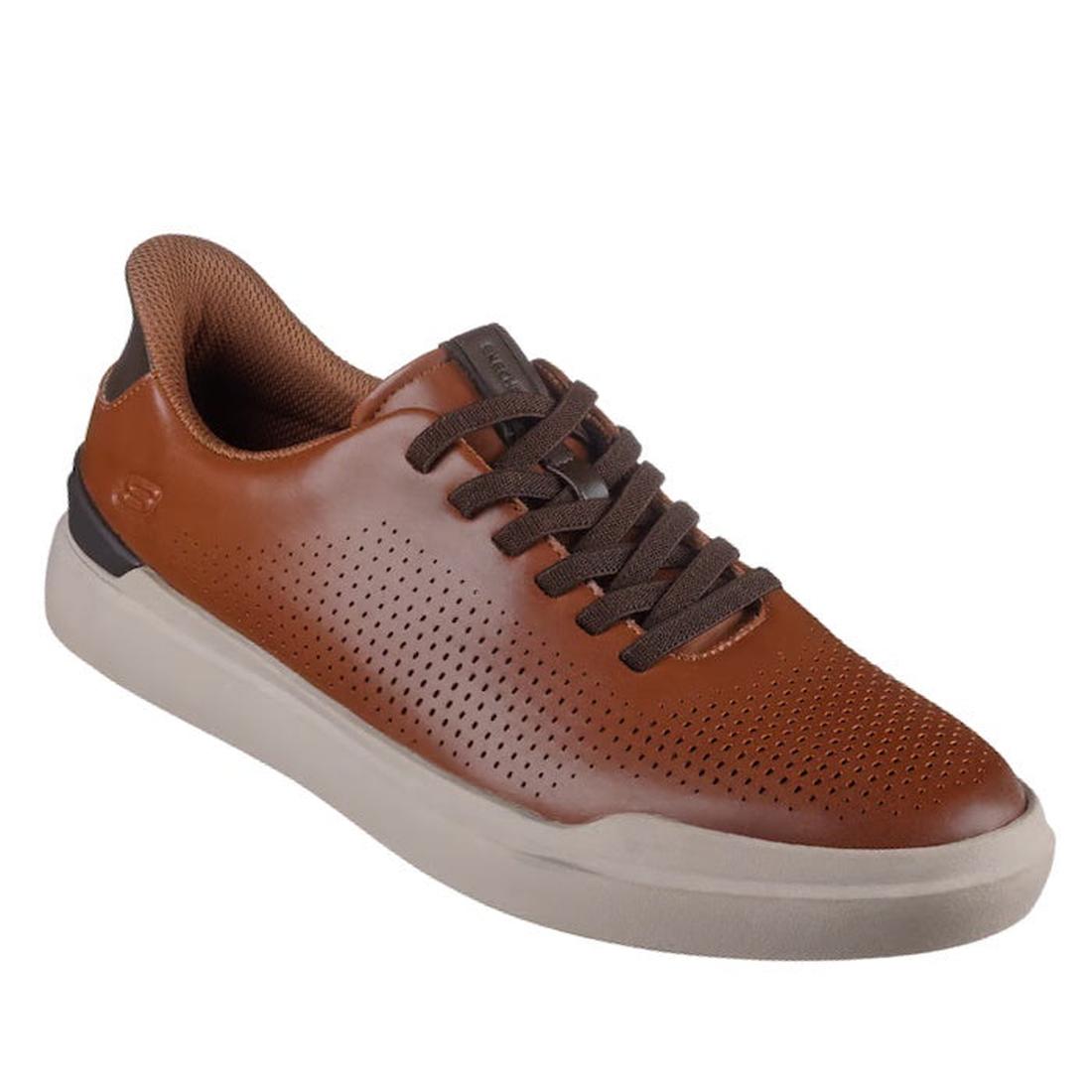 The Mens Skechers Slip-ins Owen Connell Brown is a brown leather low-top sneaker with perforated sides, dark brown laces, visible stitching, a thick white sole, and a plush memory foam insole for all-day comfort.