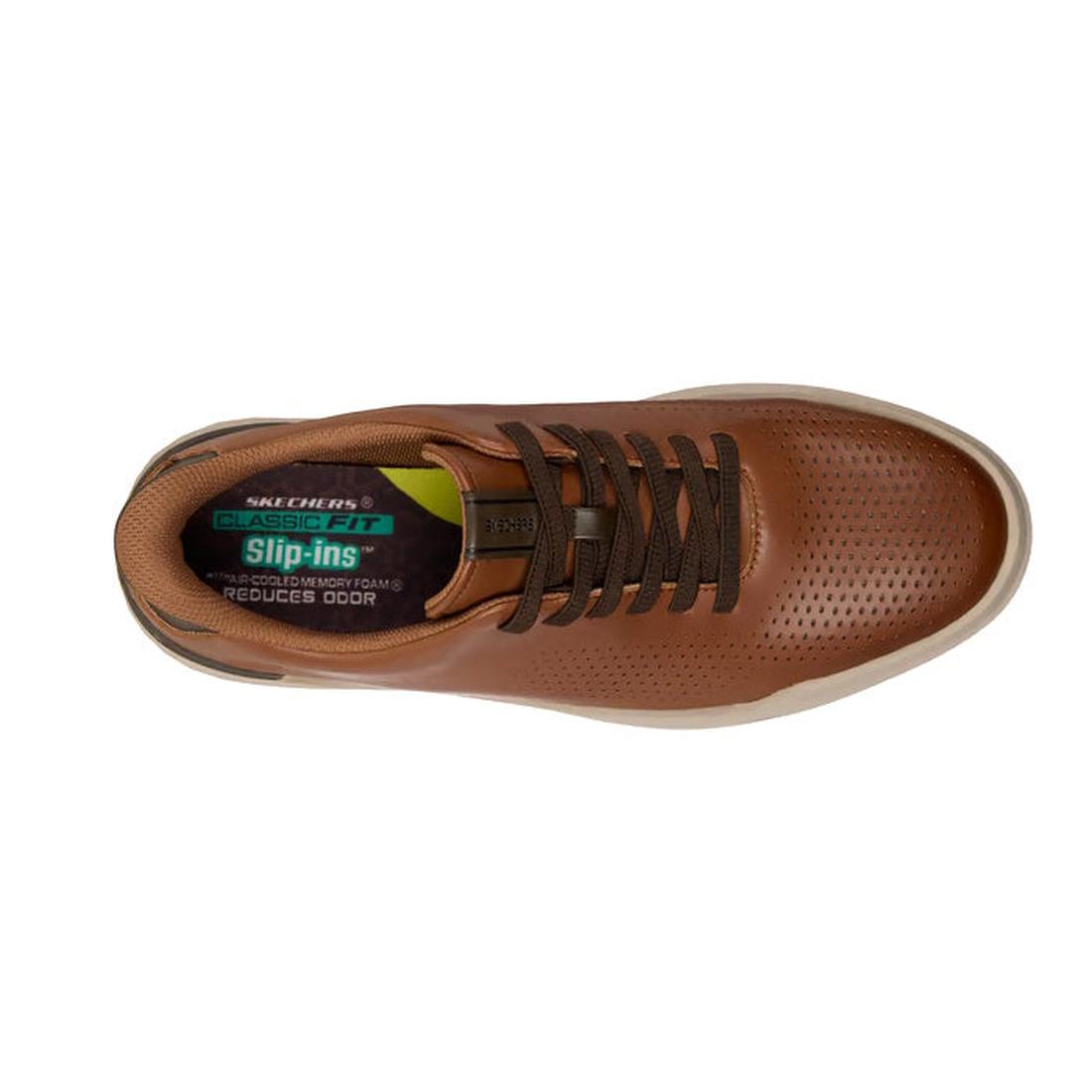 Top view of Mens Skechers Slip-ins Owen Connell Brown sneaker with dark brown laces, perforated toe, and white sole. Features a "Classic Fit Slip-ins" memory foam insole for comfort and odor control., 198739701364, 198739701388, 198739701401, 50165, 50166