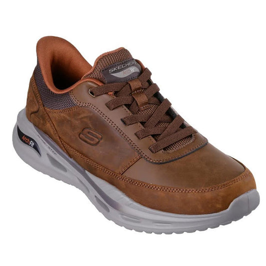 The Skechers Go Walk Mens Arch Fit Orvan Moxley Slip Ins Hands Free Brown Shoe features a leather upper, cushioned collar, and thick white-gray sole, offering men's casual sneaker style with reliable Arch Fit support.