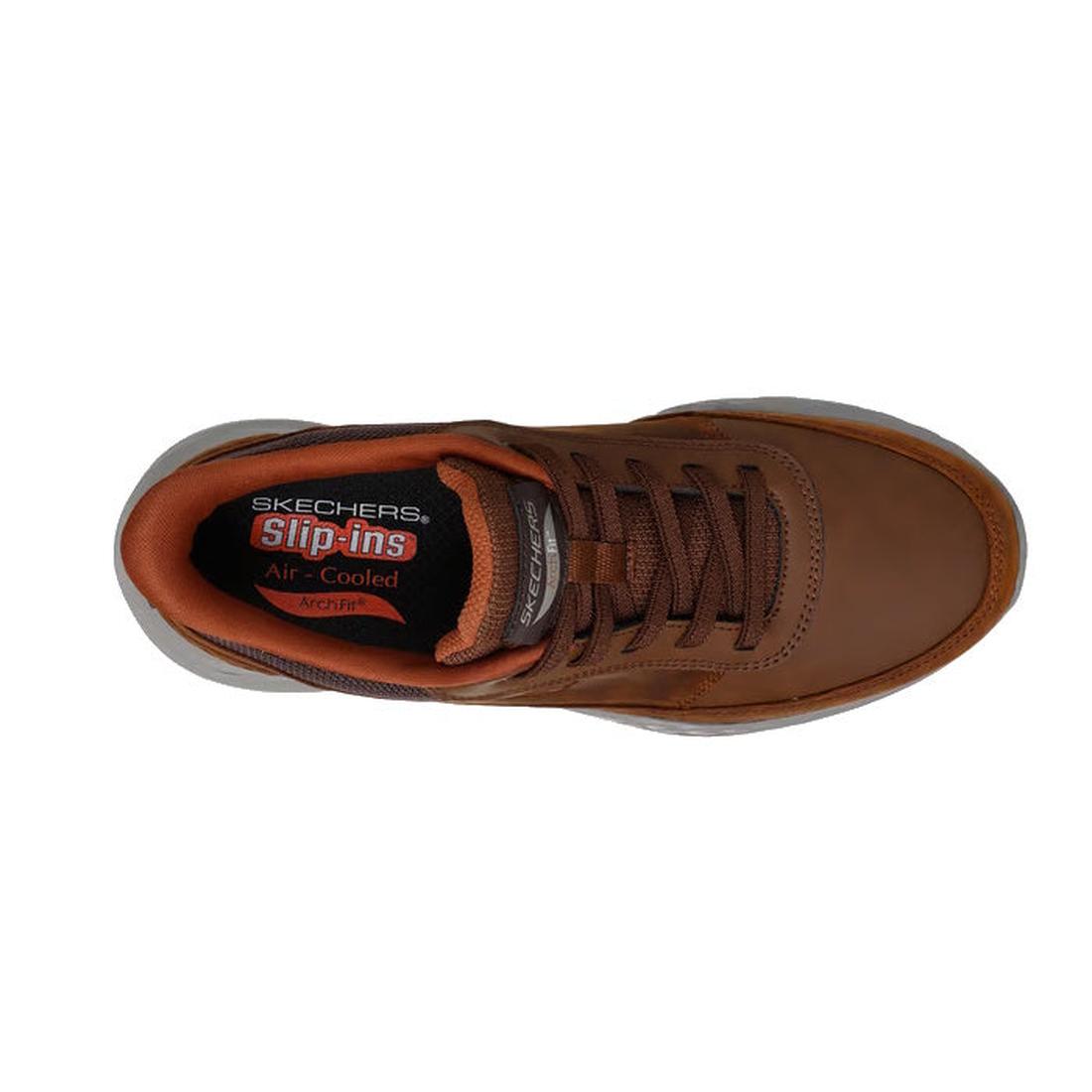 Top view of the brown Skechers Go Walk Men's Arch Fit Orvan Moxley Slip-Ins Hands Free shoe, featuring brown laces, orange inner lining, and insole with Skechers logo highlighting Slip-ins and Air-Cooled Arch Fit comfort support., 48808, 48809, 1983765104