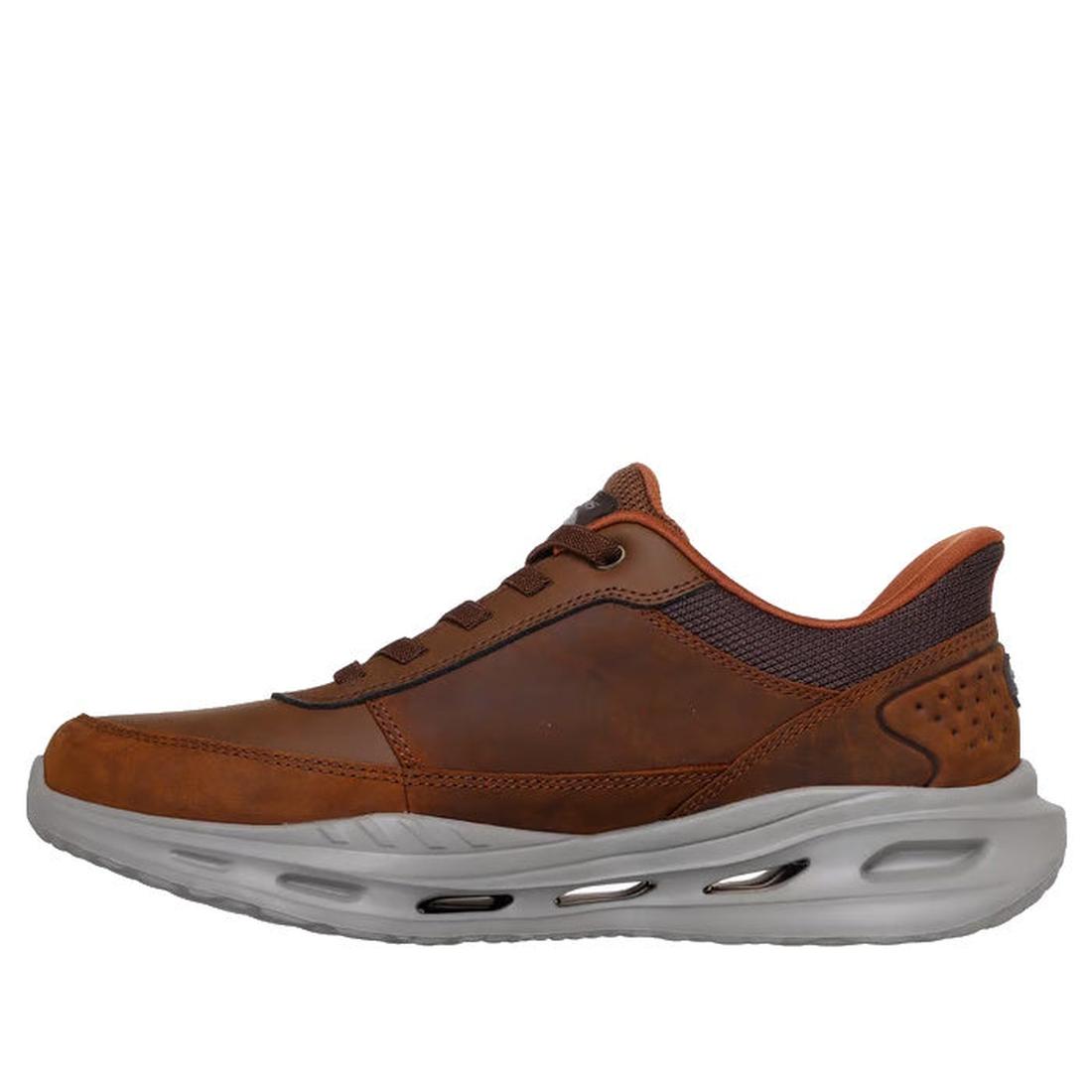 The Skechers Go Walk Men's Arch Fit Orvan Moxley Slip-Ins Hands Free Shoe in brown features mesh ankle detail, a slip-in design, white sole with air-cushion holes and textured accents, plus Arch Fit support for comfort., 48808, 48809, 198376510428, 48811,