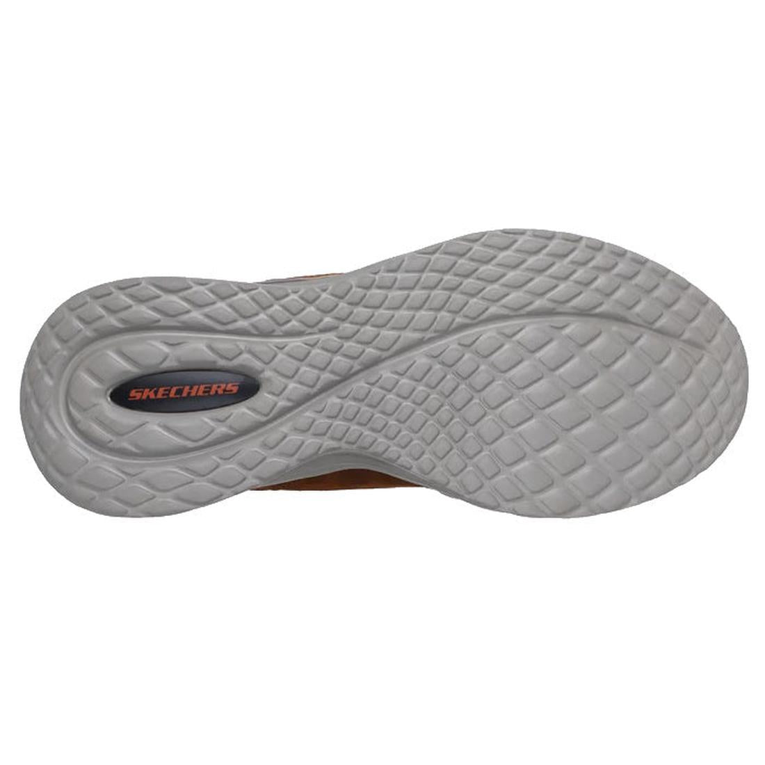 The image shows the textured white sole of the Skechers Go Walk Mens Arch Fit Orvan Moxley Slip Ins Hands Free Brown Shoe with a diamond pattern and an oval black area near the heel featuring the Skechers logo., 48808, 48809, 198376510428, 48811, 19837651
