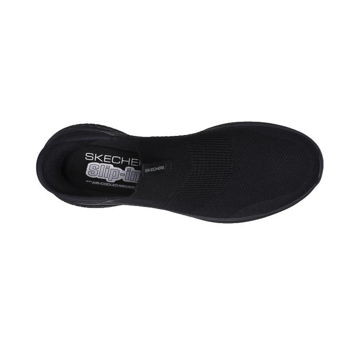 Top view of the Skechers Mens Slip Ins Ultra Flex 3.0 Viewpoint in black, featuring a breathable mesh upper, Stretch Fit design, “Skechers Slip-ins” branding on the insole, and Air-Cooled Memory Foam for all-day comfort., 38456, 196311463709, 196311463723
