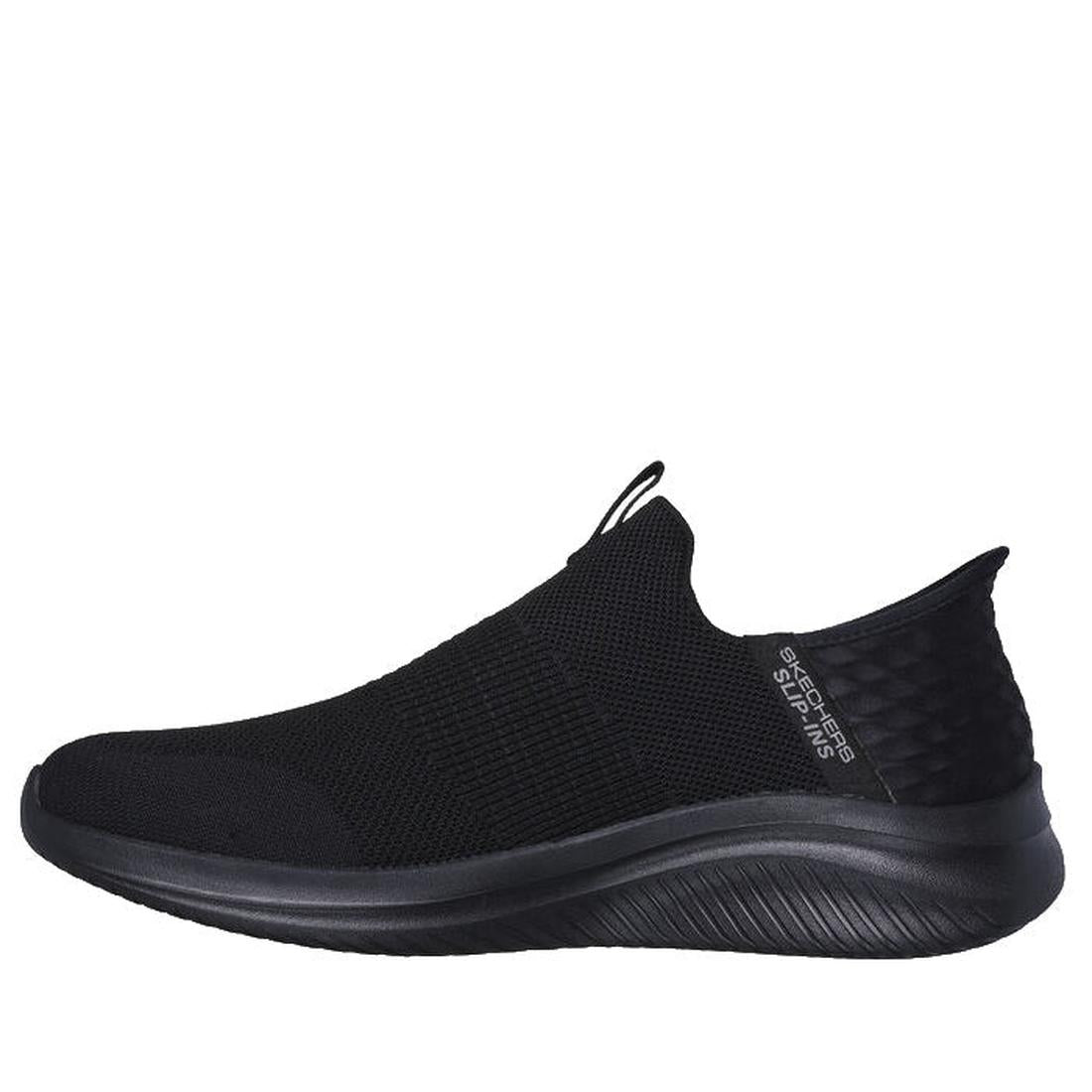 The Skechers Mens Slip Ins Ultra Flex 3.0 Viewpoint is a black slip-on sneaker with a textured knit upper, Stretch Fit design, pull tab on the tongue, cushioned sole, subtle heel pattern, Skechers Slip-ins branding, and Air-Cooled Memory Foam., 38456, 196