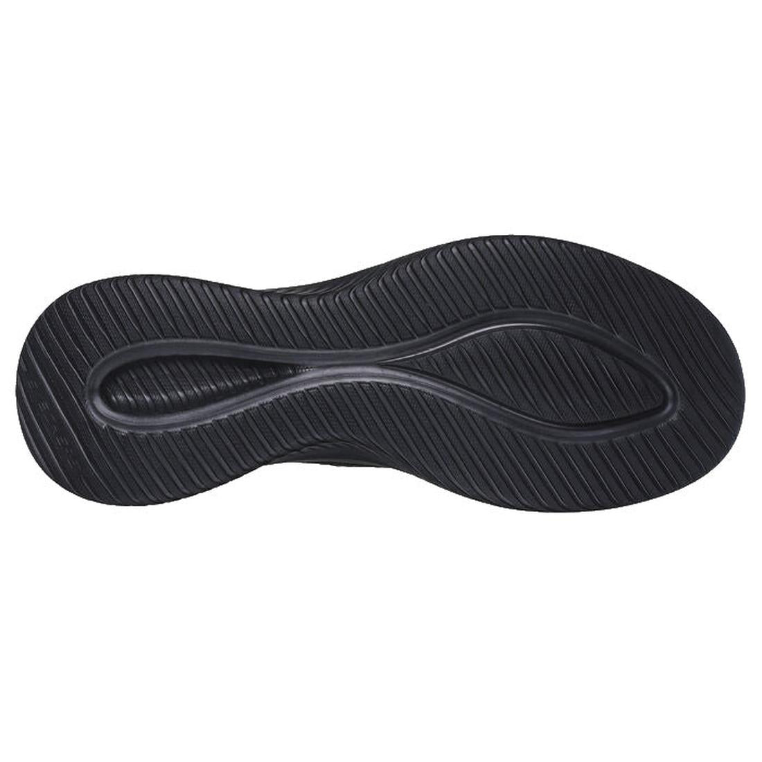 The image shows the black sole of a Skechers Mens Slip Ins Ultra Flex 3.0 Viewpoint shoe, featuring a wavy, textured tread pattern and a central groove running the length of the sole., 38456, 196311463709, 196311463723, 38459, 38460, 196642911429, 1966429