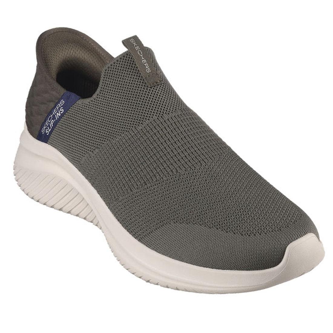 The Skechers Mens Slip Ins Ultra Flex 3.0 Viewpoint is a gray slip-on athletic shoe with a textured knit Stretch Fit upper, sock-like design, cushioned white sole, Skechers branding, and Air-Cooled Memory Foam for comfort.