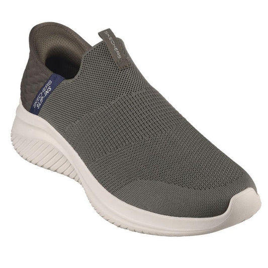 The Skechers Mens Slip Ins Ultra Flex 3.0 Viewpoint is a gray slip-on athletic shoe with a textured knit Stretch Fit upper, sock-like design, cushioned white sole, Skechers branding, and Air-Cooled Memory Foam for comfort.