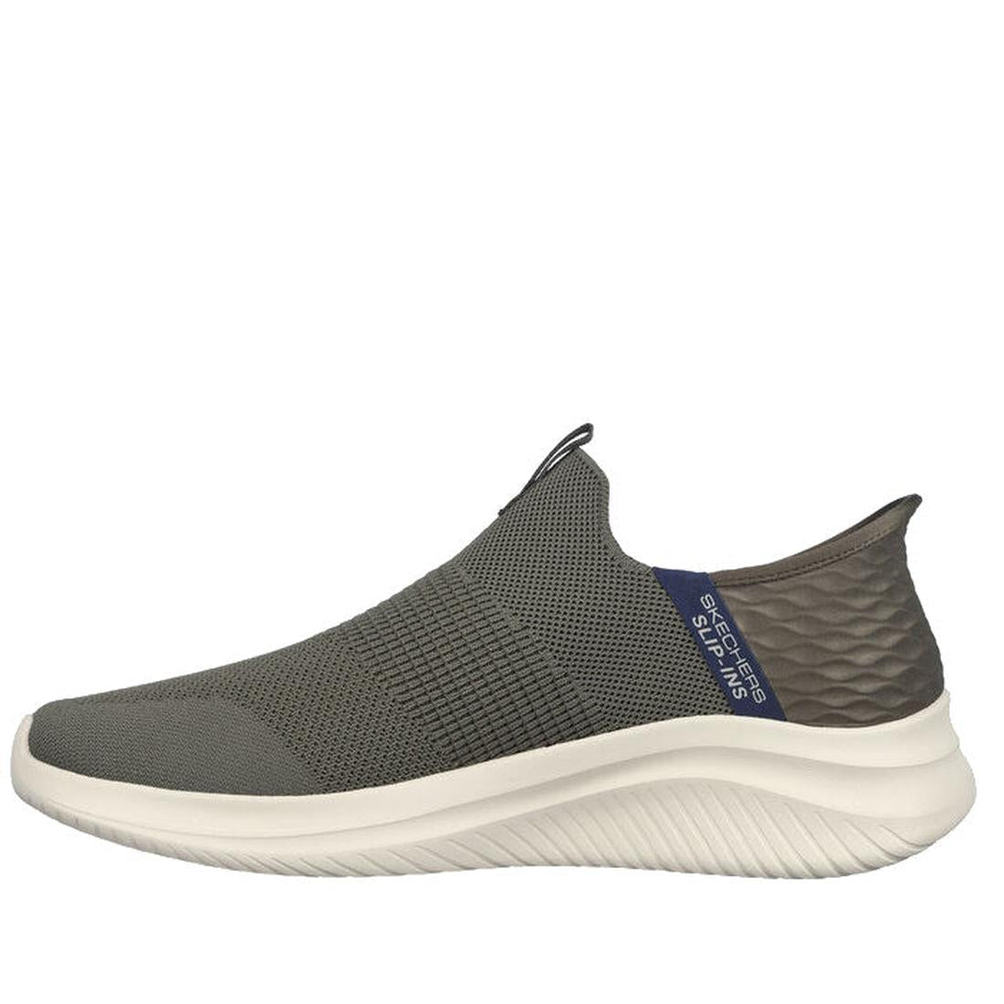 The Skechers Mens Slip Ins Ultra Flex 3.0 Viewpoint is a gray slip-on athletic shoe with a textured knit upper, Stretch Fit design, white ridged sole, and a blue pull tab at the heel featuring Skechers Hands Free Slip-ins branding., 38459, 38460, 19664291