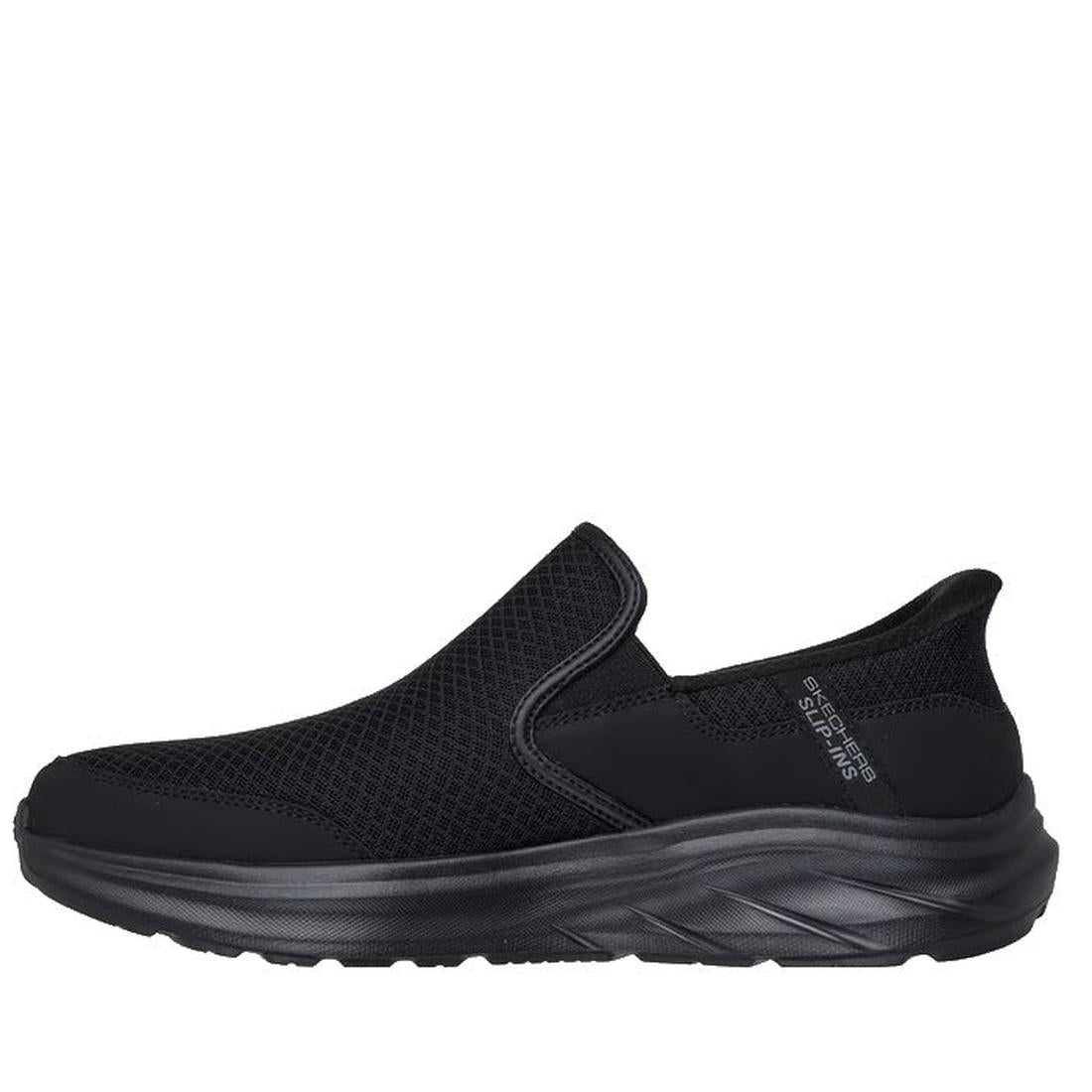 The Skechers Mens Slip Ins Relaxed Fit Equalizer 6.0 WW Stoaver Black features a mesh upper, thick cushioned sole, extra wide fit, Air-Cooled Memory Foam comfort, low heel, and a subtle logo near the heel., 199025038959, 51659, 199025038973, 51661, 199025