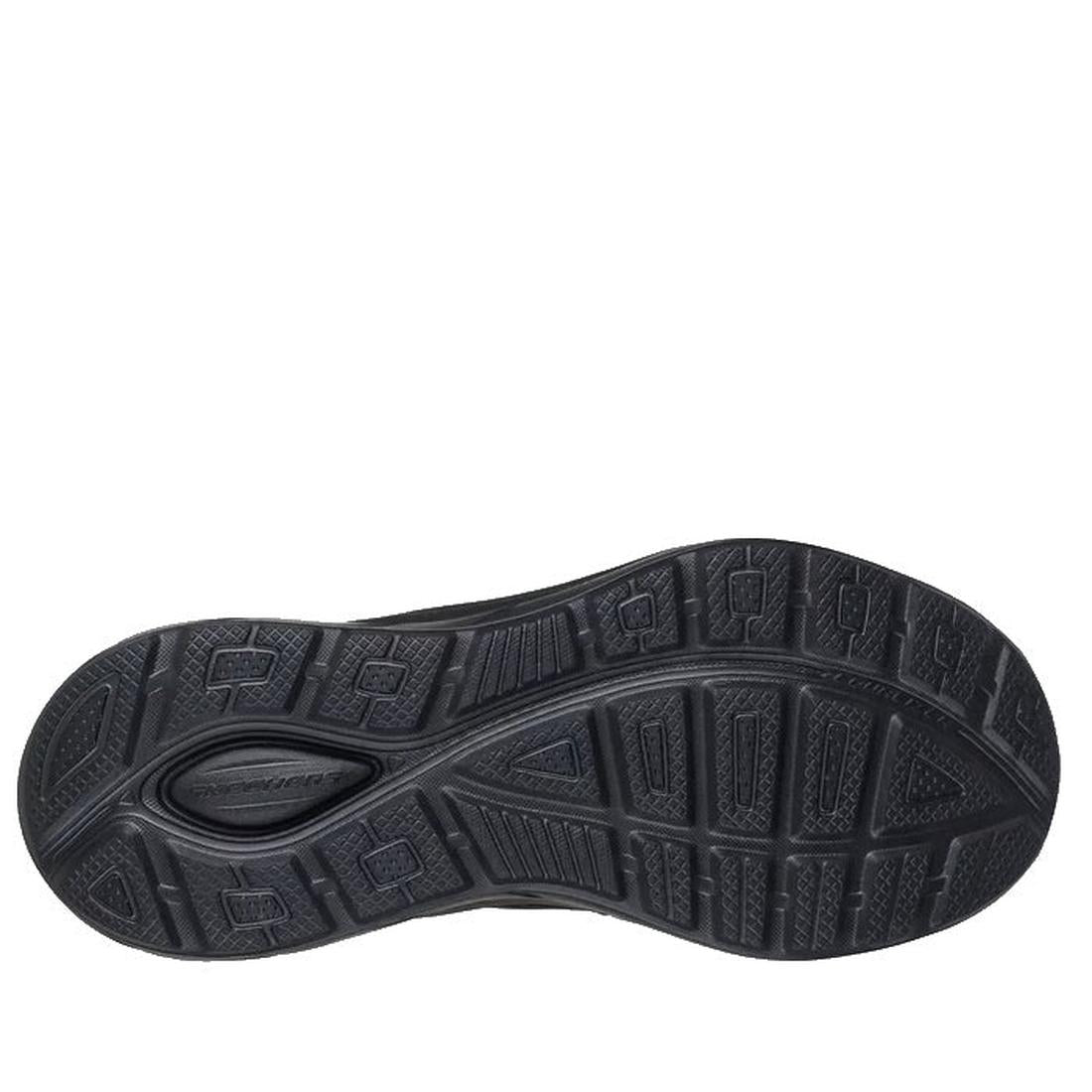 The image shows the black rubber outsole of Skechers Mens Slip Ins Relaxed Fit Equalizer 6.0 WW Stoaver, featuring geometric tread for grip and Skechers branding at the heel, plus Air-Cooled Memory Foam for comfort., 199025038959, 51659, 199025038973, 516