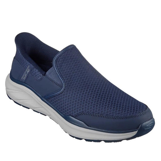 The Skechers Mens Slip Ins Relaxed Fit Equalizer 6.0 WW Stoaver Navy is a navy slip-on sneaker with a mesh upper, cushioned white sole, textured outsole grip, and Air-Cooled Memory Foam for comfort—ideal for extra wide men's casual wear.