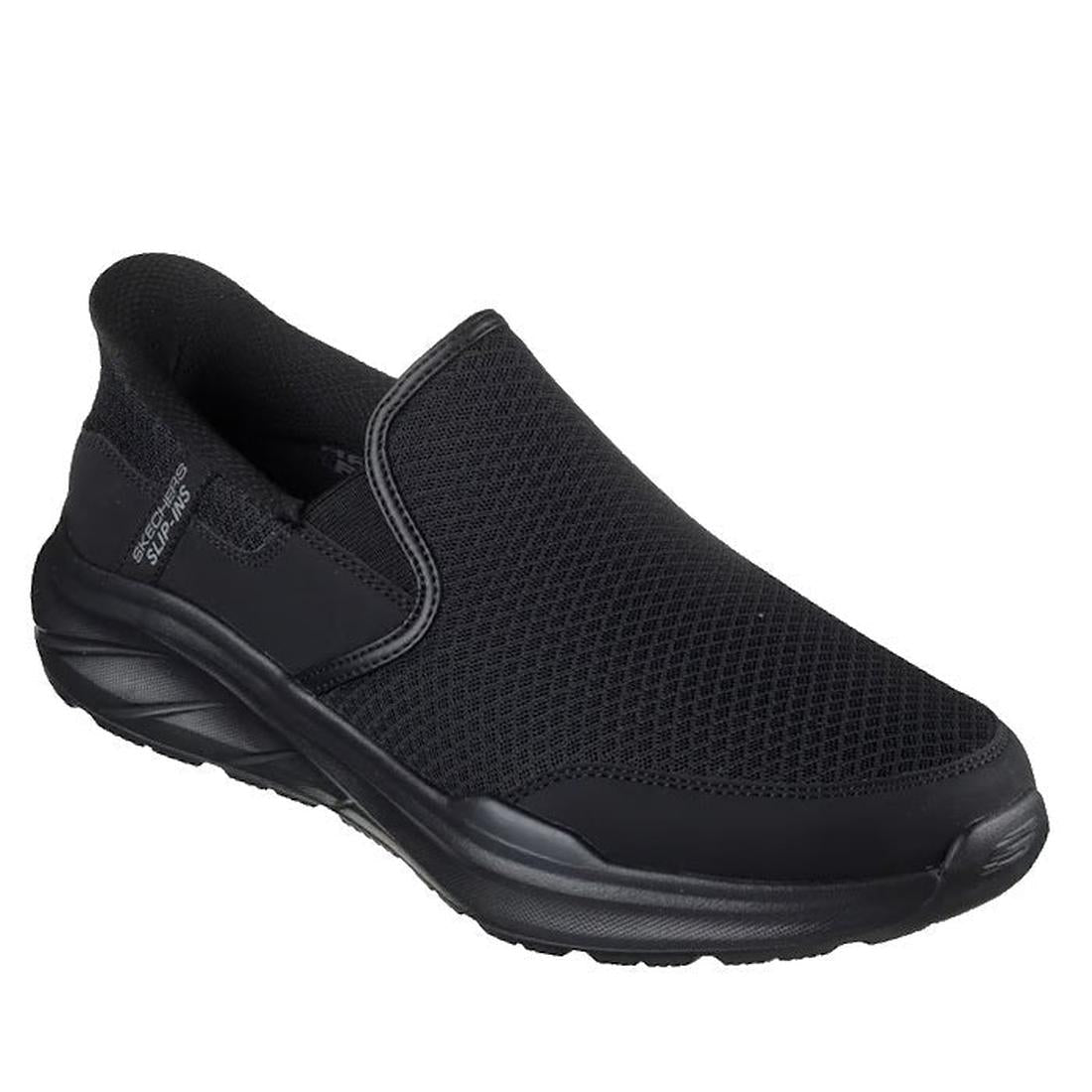 The Skechers Mens Slip Ins Relaxed Fit Equalizer 6.0 WW Stoaver Black is a lightweight slip-on shoe with a mesh upper, cushioned Air-Cooled Memory Foam sole, and elastic side panels for easy wear, offering comfort and sleek style.