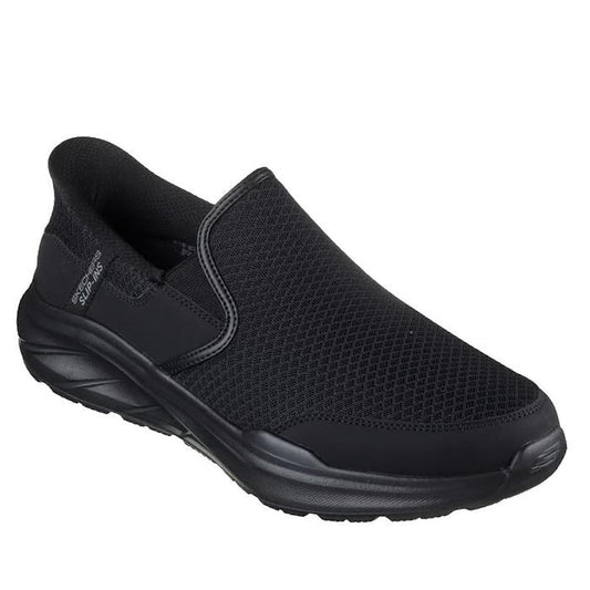 The Skechers Mens Slip Ins Relaxed Fit Equalizer 6.0 WW Stoaver Black is a lightweight slip-on shoe with a mesh upper, cushioned Air-Cooled Memory Foam sole, and elastic side panels for easy wear, offering comfort and sleek style.