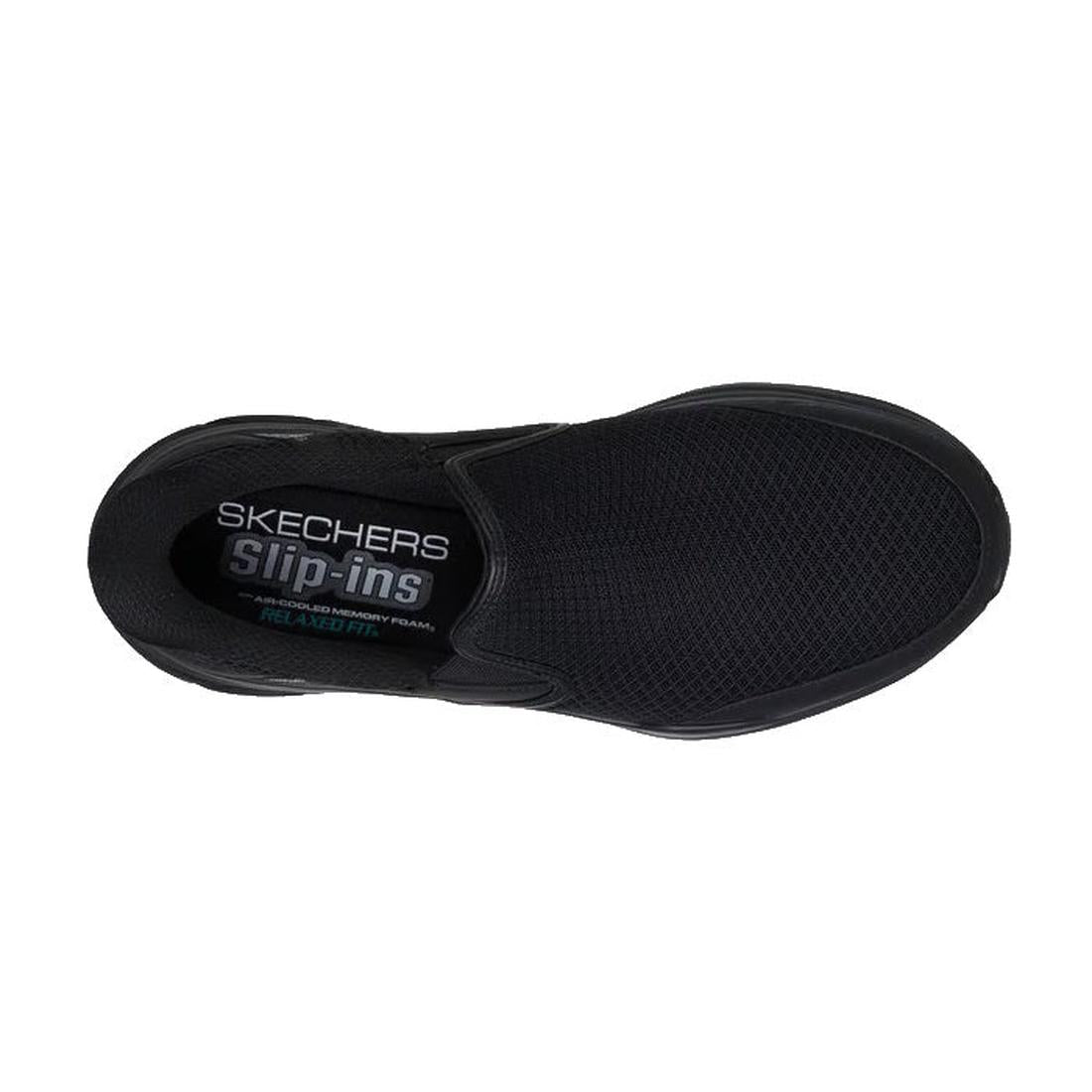 Top view of a black Skechers Mens Slip Ins Relaxed Fit Equalizer 6.0 WW Stoaver with mesh-like texture, labeled Slip-ins on the insole and featuring Air-Cooled Memory Foam for comfort., 199025038959, 51659, 199025038973, 51661, 199025038997, 51663, 51664,