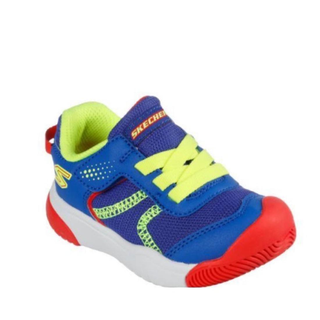 Skechers Toddlers Mighty Toes Blue Trainer is a comfy slip-on sneaker with mesh upper, neon details, red accents, and white sole.  ksnz