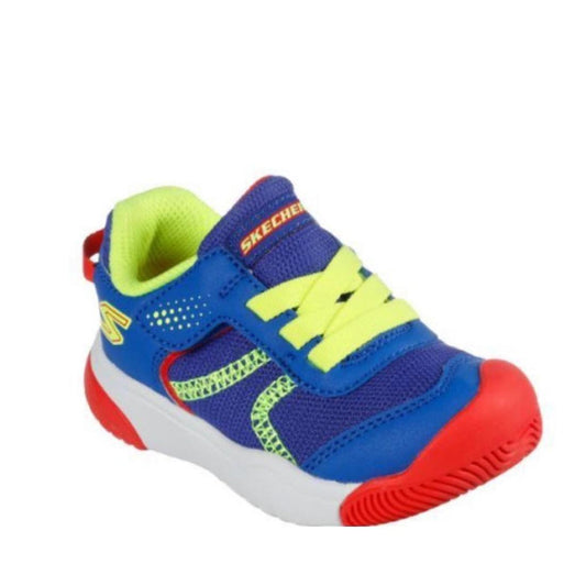 Skechers Toddlers Mighty Toes Blue Trainer is a comfy slip-on sneaker with mesh upper, neon details, red accents, and white sole.  ksnz