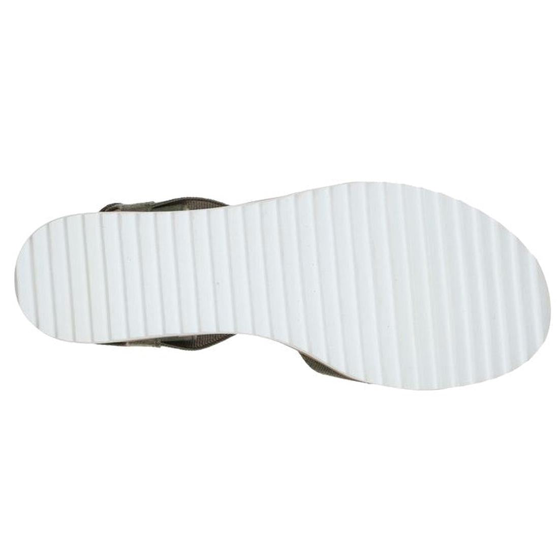 The image shows the bottom view of the Skechers Bobs Womens Desert Kiss Secret Picnic Wedge Sandal in Olive, featuring a white, ridged sole with horizontal grooves for traction. The edge of the sandal’s upper and Memory Foam insole is partially visible., 