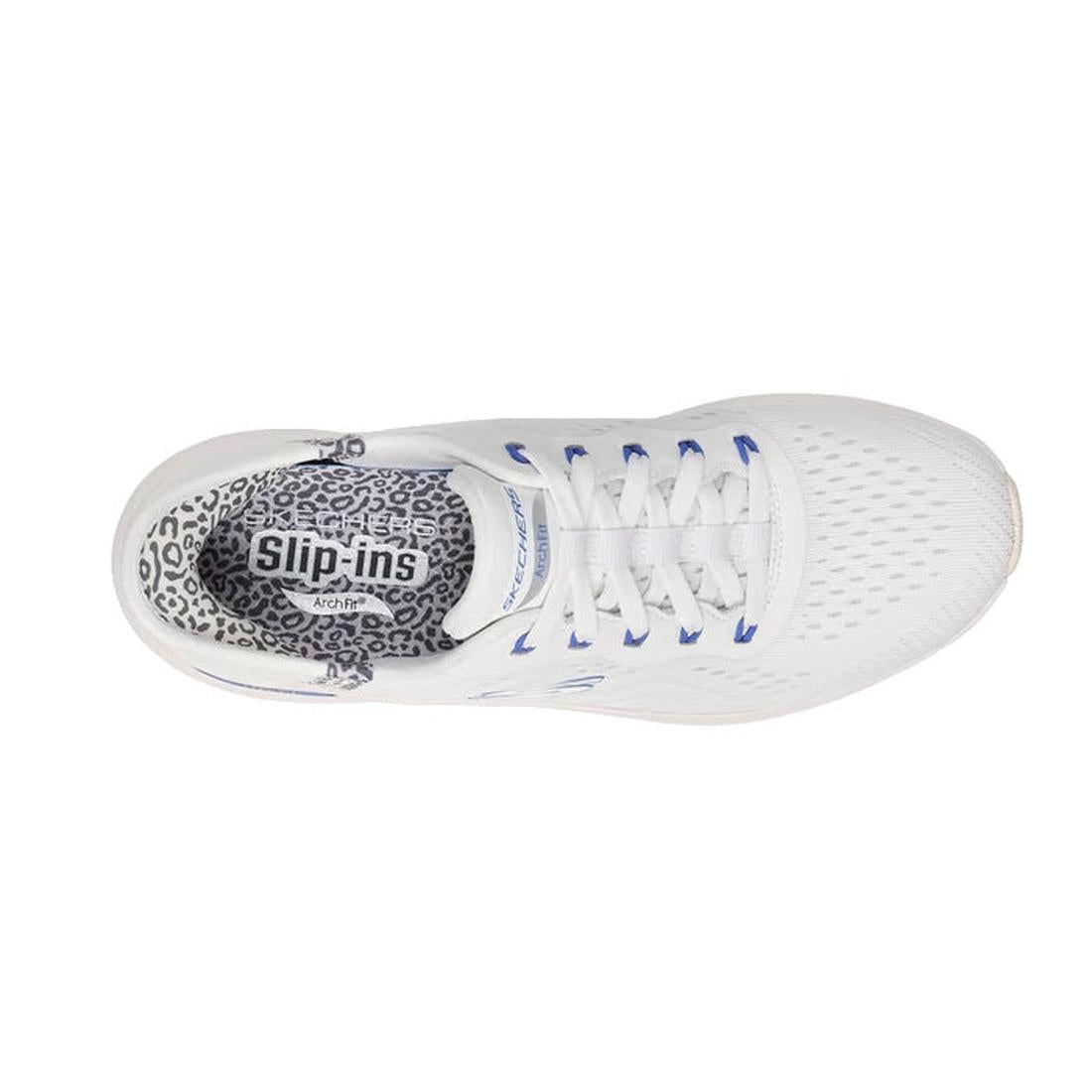 Top view of the Skechers Arch Fit 2.0 Slip In Spotted Grace in White Blue, a vegan slip-on with blue accents, white laces, a patterned gray/white insole, breathable mesh upper, and rounded toe for comfort., 48793, 48794, 199025962681, 48796, 199025962704,